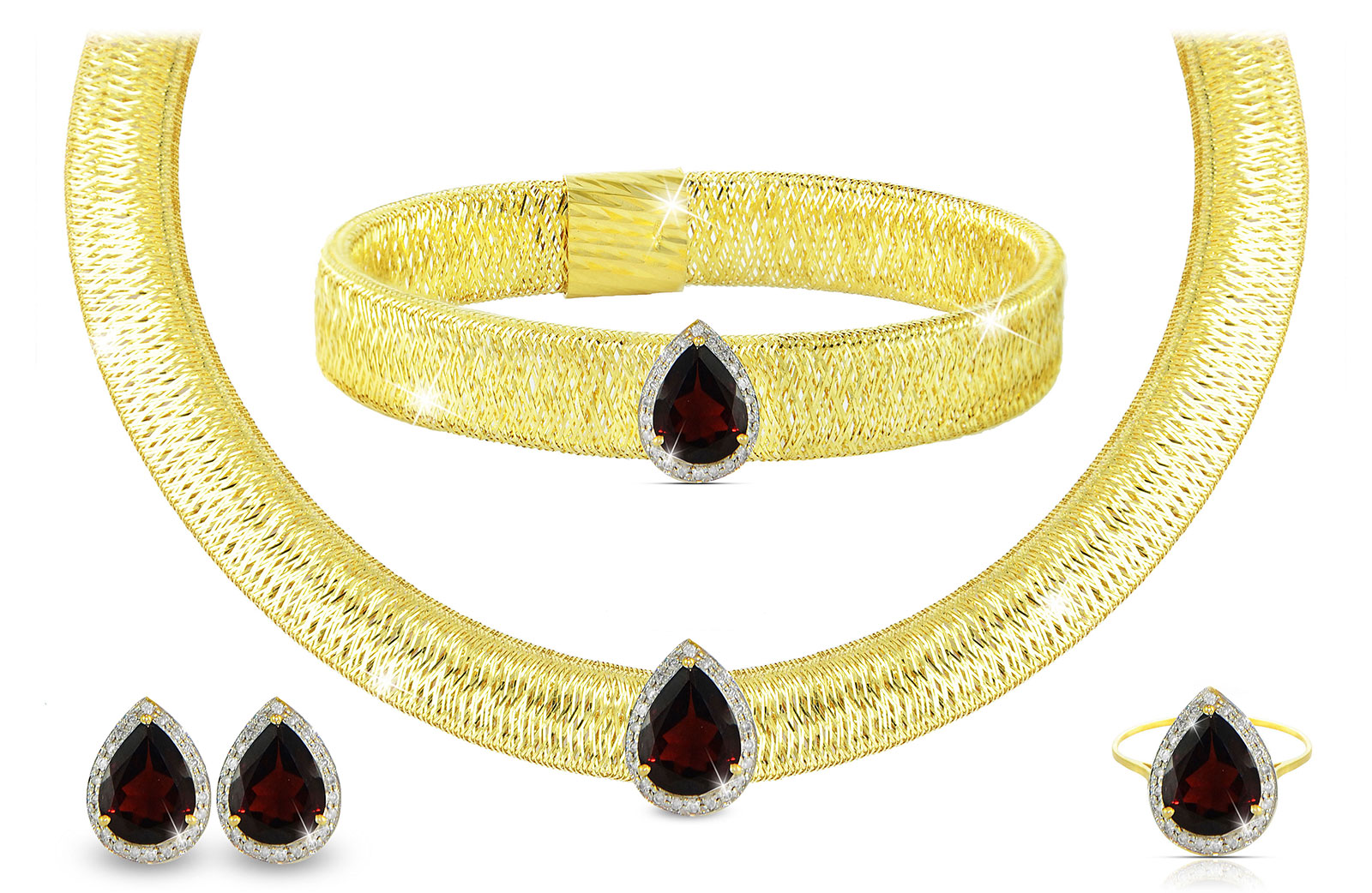 Vera Perla 18K Gold 0.60ct Diamonds, Garnet  Jewelry Set - 4 pcs.